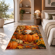 autumn gnome with pumpkins rug in a bedroom with an arched window