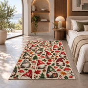 gnome pattern with hearts and mushrooms rug in a bedroom with an arched window