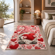 pink gnome hugging a heart rug in a bedroom with an arched window
