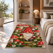gnome in a mushroom garden rug in a bedroom with an arched window
