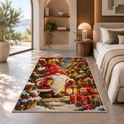 gnome by a decorated Christmas tree rug in a bedroom with an arched window