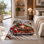 gnome riding in a red truck rug in a bedroom with an arched window