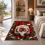 gnome on buffalo plaid rug in a bedroom with an arched window