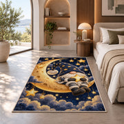 gnome sitting on the crescent moon rug in a bedroom with an arched window