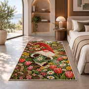 gnome watering tulips rug in a bedroom with an arched window