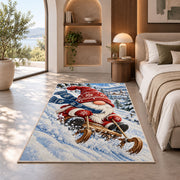 gnome sledding down a snowy hill rug in a bedroom with an arched window