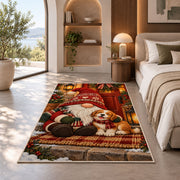 gnome and puppy on the porch rug in a bedroom with an arched window