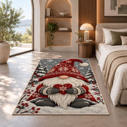 Nordic gnome holding a heart rug in a bedroom with an arched window