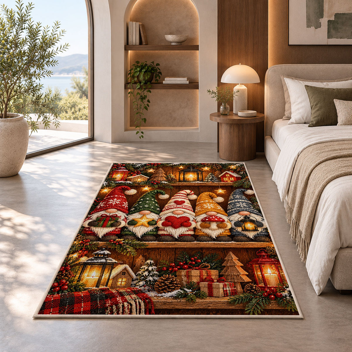 row of gnomes on a shelf rug in a bedroom with an arched window