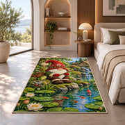 gnome fishing at a pond rug in a bedroom with an arched window