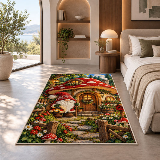 gnome at a mushroom house rug in a bedroom with an arched window