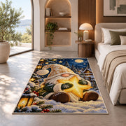 gnome hugging a golden star rug in a bedroom with an arched window