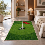 Golf hole and flag rug in a bedroom with an arched window