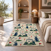 Golf icons pattern rug in a bedroom with an arched window