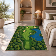 Golf course map rug in a bedroom with an arched window