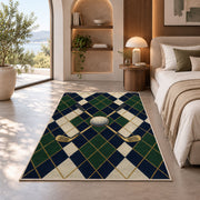 Golf argyle rug in a bedroom with an arched window