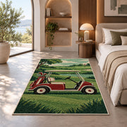 Retro golf cart rug in a bedroom with an arched window