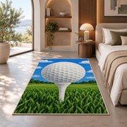 Golf ball on tee rug in a bedroom with an arched window