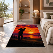 Golfer sunset rug in a bedroom with an arched window