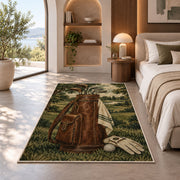 Leather golf bag rug in a bedroom with an arched window