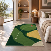 Minimal golf green rug in a bedroom with an arched window