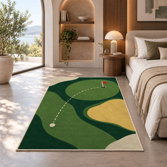 Minimal golf green rug in a bedroom with an arched window