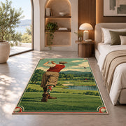 Vintage golfer poster rug in a bedroom with an arched window