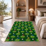 Golf flags pattern rug in a bedroom with an arched window