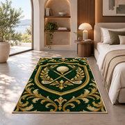Golf club crest rug in a bedroom with an arched window