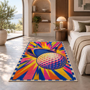 Pop art golf rug in a bedroom with an arched window