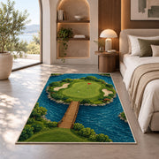 Island green rug in a bedroom with an arched window
