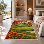 Autumn golf course rug in a bedroom with an arched window