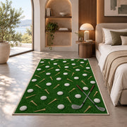 Golf balls and tees rug in a bedroom with an arched window