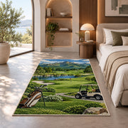 Mountain golf course rug in a bedroom with an arched window