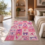 Pink Checkered Gymnastics Rug in a bedroom with an arched window