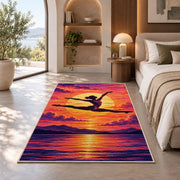 Gymnast Sunset Leap Rug in a bedroom with an arched window