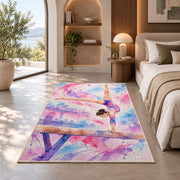 Watercolor Gymnast Rug in a bedroom with an arched window