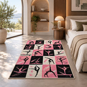 Gymnastics Poses Grid Rug in a bedroom with an arched window