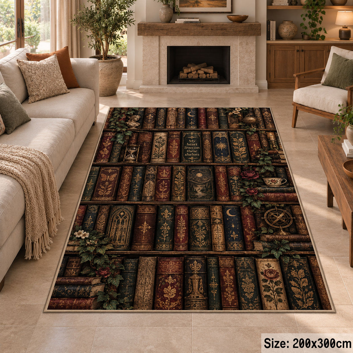 Antique Bookshelf Pattern Area Rug shown in room setting, view 8