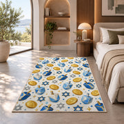Dreidel and Gelt Pattern Rug in a bedroom with an arched window