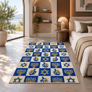 Checkered Hanukkah Rug in a bedroom with an arched window