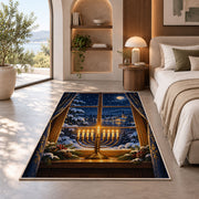 Menorah Window Rug in a bedroom with an arched window