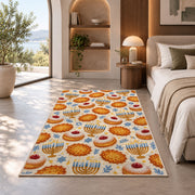 Sufganiyot and Latke Rug in a bedroom with an arched window