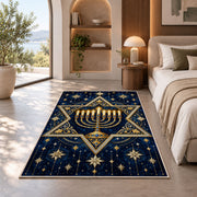 Star of David Menorah Rug in a bedroom with an arched window