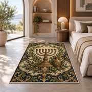 Antique Brass Menorah Rug in a bedroom with an arched window