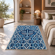 Star of David Lattice Rug in a bedroom with an arched window