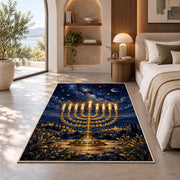 Menorah Starry Night Rug in a bedroom with an arched window