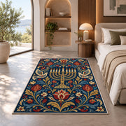 Folk Art Menorah Rug in a bedroom with an arched window