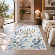 Watercolor Hanukkah Rug in a bedroom with an arched window