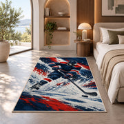 Hockey Player Ice Spray rug in a bedroom with an arched window
